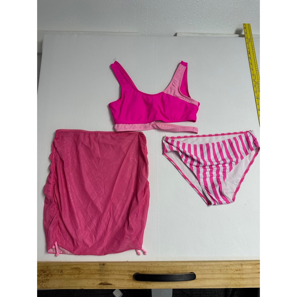 Girls‎ Pink 3 Piece Bikini Set with Mesh Sarong Cover Up Size 15-16